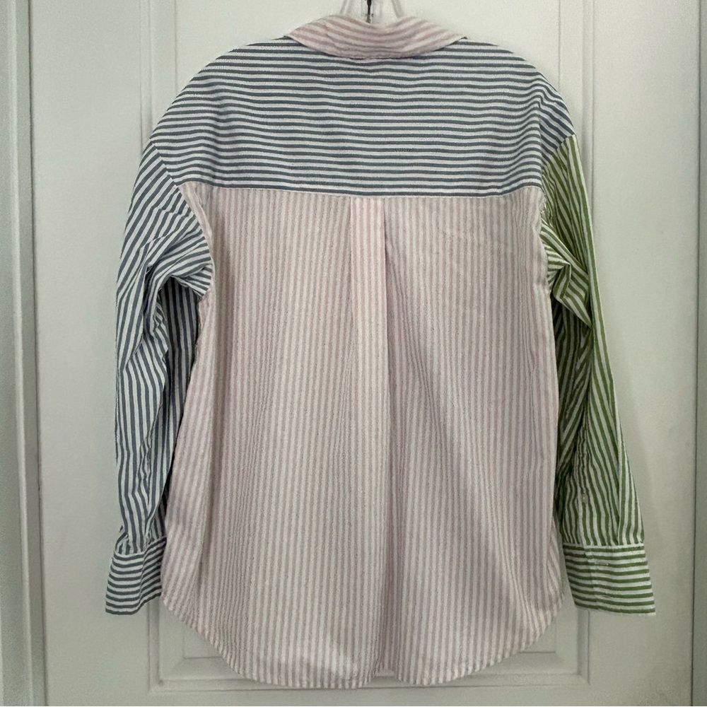Abercrombie & Fitch Green Blue Pink Striped Shirt Long Sleeve Oversized - Picture 2 of 11